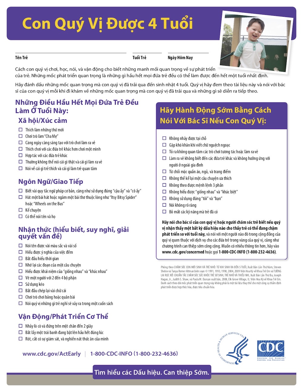 Checklist CDC 4 tuổi